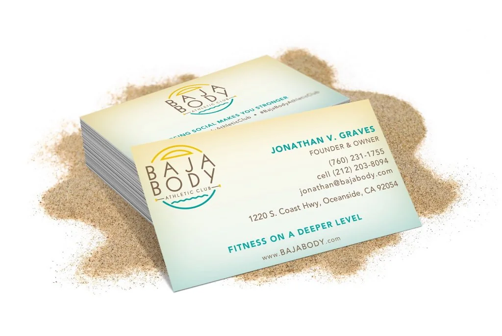 Baja Body stationery and business cards in cream, aqua, and sand tones
